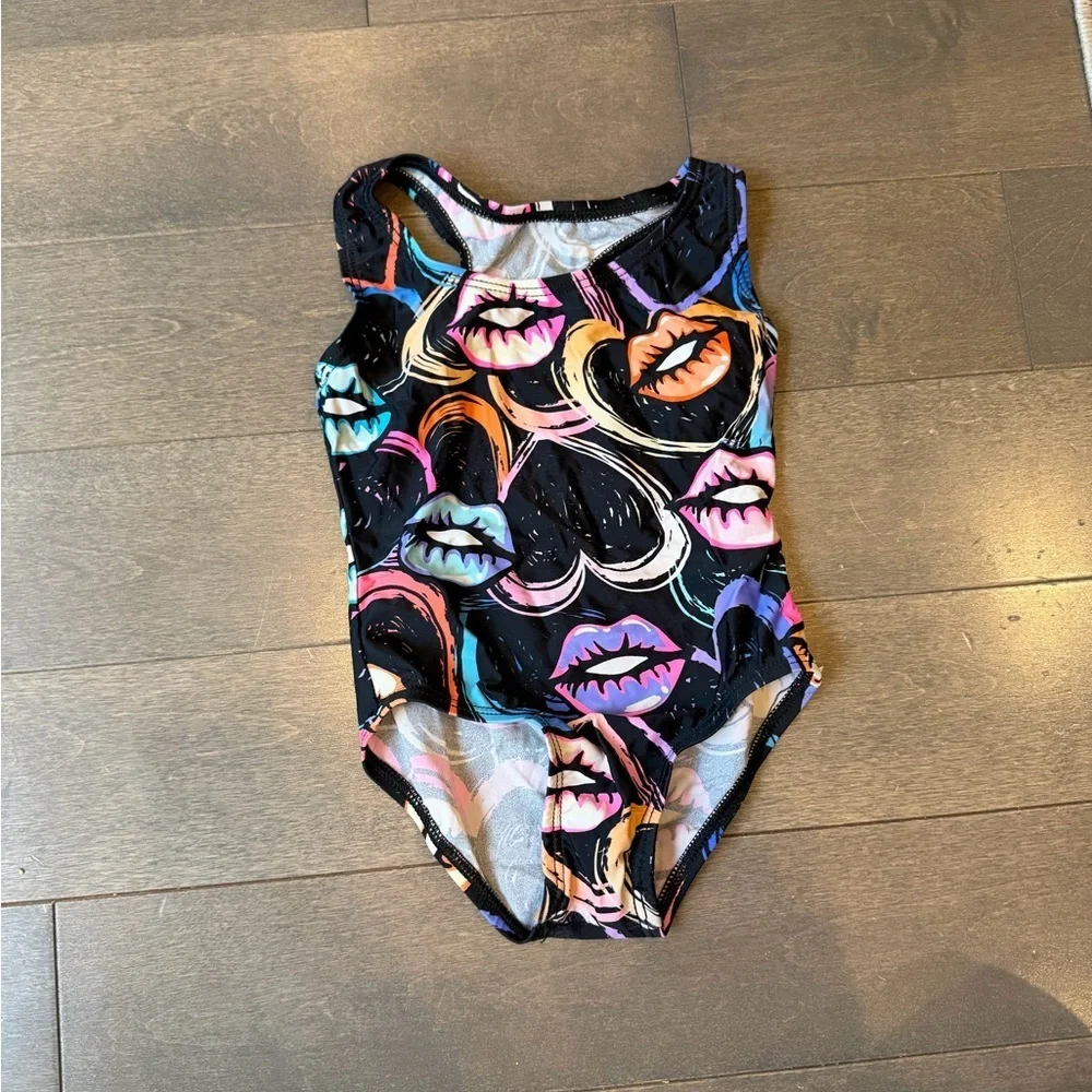 Girls' Black One-Piece Swimsuit with Colorful Lip Print